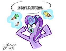 Size: 1703x1321 | Tagged: safe, artist:christheblue, character:starlight glimmer, species:crystal pony, brain freeze, crystallized, female, food, hangry, ice cream, simple background, solo, wat, white background