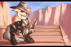 Size: 3000x2000 | Tagged: safe, artist:theprince, species:earth pony, species:pony, ashe (overwatch), clothing, cowboy hat, crossover, female, gun, hat, lever action rifle, mare, overwatch, ponified, rifle, smiling, solo, stetson, weapon