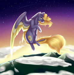 Size: 2480x2507 | Tagged: safe, artist:lilrandum, oc, oc only, oc:lightning boom, species:pegasus, species:pony, big wings, blonde, cloud, colored wings, colored wingtips, detailed background, ear fluff, flying, looking at you, male, mountain, mountain range, shooting star, signature, smiling, smirk, solo, spread wings, stallion, starry night, unshorn fetlocks, wings