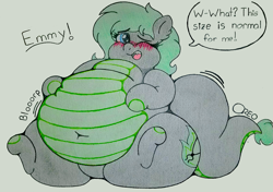 Size: 2004x1407 | Tagged: safe, artist:dorky-oreo-pone, oc, oc:emilia 'emmy' emberseed, species:dracony, species:pony, belly, belly button, big belly, blushing, chubby cheeks, dialogue, embarrassed, fat, female, huge belly, hybrid, leaning back, obese, open mouth, simple background, solo, squishy, stomach noise, traditional art, weight gain