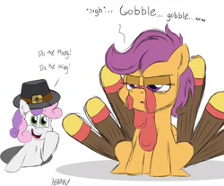 Size: 2000x1653 | Tagged: safe, artist:kdbrony, character:scootaloo, character:sweetie belle, species:pony, cute, dialogue, holiday, scootachicken, scootaturkey, simple background, thanksgiving, turkey costume, white background