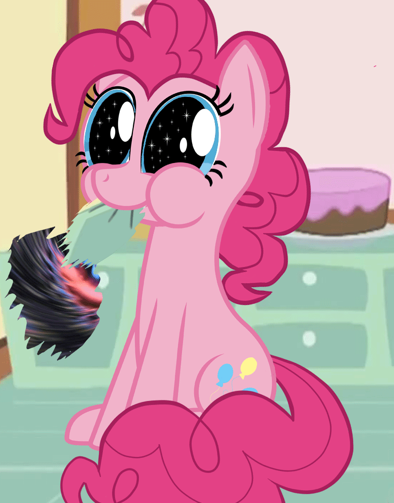 Size: 777x991 | Tagged: safe, artist:keanno, character:pinkie pie, species:earth pony, species:pony, :t, animated, bright eyed, chewing, cute, diapinkes, dilated pupils, eating, fabric of reality, female, fourth wall, gif, mare, my god its full of stars, nom, puffy cheeks, sitting, smiling, solo, spacetime, starry eyes, the cosmos, wingding eyes, xk-class end-of-the-world scenario