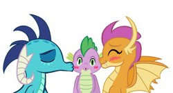 Size: 1117x597 | Tagged: safe, artist:neighsay, character:princess ember, character:smolder, character:spike, species:dragon, ship:emberspike, ship:spolder, female, kiss on the cheek, kiss sandwich, kissing, lucky bastard, male, shipping, spike gets all the dragons, spike gets all the mares, straight