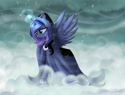 Size: 2222x1700 | Tagged: safe, artist:queenofsilvers, character:princess luna, species:alicorn, species:pony, episode:a hearth's warming tail, g4, my little pony: friendship is magic, cloak, clothing, female, glowing horn, hooves, mare, snow, snowfall, solo, spirit of hearth's warming yet to come, spread wings, wings
