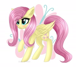 Size: 1786x1585 | Tagged: safe, artist:queenofsilvers, character:fluttershy, species:pegasus, species:pony, blushing, cute, cutie mark background, ear fluff, eye clipping through hair, female, mare, raised hoof, shyabetes, simple background, solo, standing, transparent background, wings