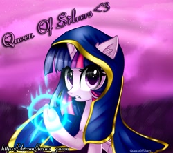 Size: 2173x1927 | Tagged: safe, artist:queenofsilvers, character:twilight sparkle, character:twilight sparkle (alicorn), species:alicorn, species:pony, cloak, clothing, crossover, glowing hooves, jaina proudmoore, magic, warcraft, watermark, world of warcraft