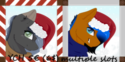 Size: 4800x2400 | Tagged: safe, artist:lilrandum, oc, oc only, oc:lilrandum, oc:xxenocage, species:pony, clothing, commission, female, grin, hat, male, mare, smiling, snow, stallion, ych example, your character here