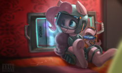 Size: 1641x993 | Tagged: safe, artist:theprince, character:pinkie pie, species:earth pony, species:pony, g4, blep, cute, diapinkes, female, headgear, helmet, mare, rainbow six siege, signature, silly, sitting, solo, tongue out, underhoof