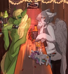 Size: 1979x2160 | Tagged: safe, artist:reyko, character:princess celestia, oc, oc:chrysolite, oc:light knight, species:pony, alcohol, christmas, christmas lights, cigarette, crying, holiday, jack daniels, plushie, whiskey