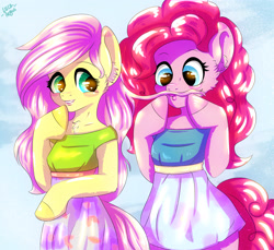 Size: 2732x2500 | Tagged: safe, artist:lucaaegus, character:fluttershy, character:pinkie pie, species:anthro, arm hooves, clothing, dress, facial hair, heart eyes, moustache, starry eyes, summer, sundress, sunshine, wingding eyes