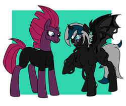 Size: 950x800 | Tagged: safe, artist:spyro-for-life, character:fizzlepop berrytwist, character:tempest shadow, oc, oc:elizabat stormfeather, species:alicorn, species:bat pony, species:pony, my little pony: the movie (2017), alicorn oc, bat pony alicorn, bat pony oc, broken horn, canon x oc, clothing, eye scar, fangs, female, goo, horn, lesbian, mare, marvel, open mouth, raised hoof, scar, shipping, shirt, smiling, stormshadow, symbiote, teeth, venom, venom (2018)