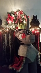 Size: 1836x3264 | Tagged: safe, artist:akiacreations, artist:earthenhoof, character:king sombra, species:pony, species:unicorn, armor, bow, christmas, christmas lights, clothing, crown, holiday, irl, jewelry, male, photo, plushie, regalia, robe, sitting, solo, stallion, throne, wreath