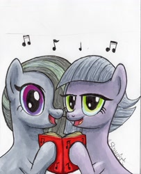 Size: 3199x3932 | Tagged: safe, artist:stewart501st, character:limestone pie, character:marble pie, species:earth pony, species:pony, book, caroling, female, mare, music notes, singing, sisters, smiling, traditional art