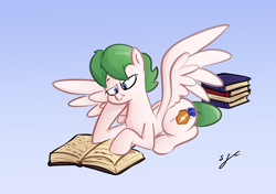 Size: 2480x1748 | Tagged: safe, artist:christheblue, oc, oc:libby belle, species:pegasus, species:pony, book, commission, female, gradient background, mare, solo, spread wings, studying, wings