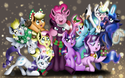 Size: 1280x800 | Tagged: safe, artist:valemjj, character:angel bunny, character:applejack, character:derpy hooves, character:fluttershy, character:pinkie pie, character:princess celestia, character:princess luna, character:rainbow dash, character:rarity, character:starlight glimmer, character:tempest shadow, character:twilight sparkle, character:twilight sparkle (alicorn), species:alicorn, species:earth pony, species:pegasus, species:pony, species:unicorn, ship:tempestlight, bell, bell collar, christmas, clothing, collar, drunk, drunk luna, drunklestia, female, forced grin, group, holiday, holly, holly mistaken for mistletoe, lesbian, scarf, shipping, tongue out, xmas2018