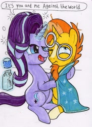 Size: 3391x4669 | Tagged: safe, artist:stewart501st, character:starlight glimmer, character:sunburst, species:pony, species:unicorn, dialogue, drunk, drunk bubbles, drunker glimmer, drunklight glimmer, eggnog, eyeroll, glowing horn, one eye closed, open mouth, personal space invasion, speech bubble, traditional art