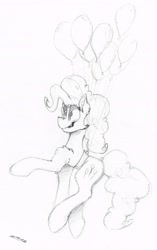 Size: 3996x6381 | Tagged: safe, artist:adilord, character:pinkie pie, species:earth pony, species:pony, balloon, female, floating, flying, mare, simple background, smiling, solo, then watch her balloons lift her up to the sky, traditional art
