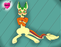 Size: 1274x983 | Tagged: safe, artist:spero, oc, oc:non toxic, blushing, ear fluff, eyebrows, green eyes, long tail, looking at you, male, monster pony, on floor, original species, shadow, soles, spread legs, spreading, tatzlpony, tongue out, vignette