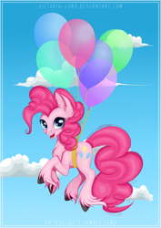 Size: 3507x4960 | Tagged: safe, artist:victoria-luna, character:pinkie pie, species:pony, balloon, female, floating, looking at you, mare, solo, then watch her balloons lift her up to the sky, unshorn fetlocks