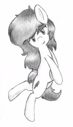 Size: 950x1636 | Tagged: safe, artist:spackle, derpibooru original, oc, oc only, oc:frostie, species:earth pony, species:pony, bedroom eyes, bipedal, female, lip bite, looking at you, mare, monochrome, smiling, solo, traditional art