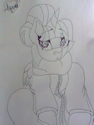 Size: 525x694 | Tagged: safe, artist:spero, character:twilight sparkle, character:twilight sparkle (alicorn), species:alicorn, species:pony, alternate hairstyle, beautiful eyes, blushing, boopable, bun, clothing, cuddly, dawwww, equine, eyebrows, female, horn, horseshoes, jacket, looking at you, o.o, sitting, traditional art, wings