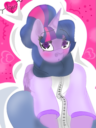 Size: 525x694 | Tagged: safe, alternate version, artist:spero, character:twilight sparkle, character:twilight sparkle (alicorn), species:alicorn, species:pony, alternate hairstyle, beautiful eyes, blushing, boopable, bun, clothing, cuddly, dawwww, detached sleeves, equine, eyebrows, female, horn, jacket, looking at you, mare, o.o, pants, shading, wings, zipper