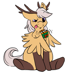 Size: 512x512 | Tagged: source needed, safe, artist:wishwasher, oc, oc only, oc:antler pone, species:pony, antlers, blep, chest fluff, clothing, cute, female, original species, rubik's cube, simple background, socks, solo, tongue out, transparent background, wing hands, wings
