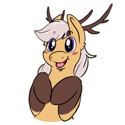 Size: 512x512 | Tagged: source needed, safe, alternate version, artist:wishwasher, oc, oc only, oc:antler pone, species:pony, antlers, chest fluff, clothing, cute, eye clipping through hair, female, happy, original species, simple background, smiling, socks, solo, transparent background