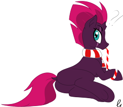 Size: 2276x1976 | Tagged: safe, artist:vinaramic, character:tempest shadow, species:pony, species:unicorn, broken horn, candy, candy cane, exclamation point, eye scar, female, food, horn, licking, looking back, mare, question mark, scar, simple background, solo, tongue out, transparent background