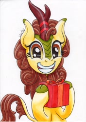Size: 1536x2172 | Tagged: safe, artist:stewart501st, character:autumn blaze, species:kirin, episode:sounds of silence, g4, my little pony: friendship is magic, awwtumn blaze, cloven hooves, cute, female, grin, hearth's warming, holiday, hoof hold, kirinbetes, looking at you, present, simple background, smiling, solo, squee, white background