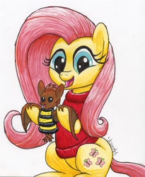 Size: 1680x2046 | Tagged: safe, artist:stewart501st, character:fluttershy, species:bat, species:pegasus, species:pony, clothing, cute, female, holding, mare, shyabetes, sitting, smiling, sweater