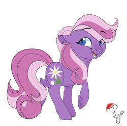 Size: 1600x1582 | Tagged: safe, artist:poowndraww, character:daisy dreams, species:earth pony, species:pony, female, looking back, mare, simple background, smiling, solo, transparent background
