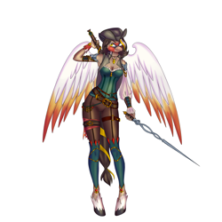 Size: 4000x4000 | Tagged: safe, artist:alicekvartersson, oc, oc only, oc:scarlett rose, species:anthro, species:hippogriff, species:unguligrade anthro, anthro oc, armpits, clothing, corset, hat, hippogriff oc, pirate, sword, tricorne, weapon, wings