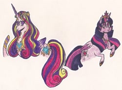 Size: 1876x1393 | Tagged: safe, artist:draw1709, character:princess cadance, character:twilight sparkle, character:twilight sparkle (alicorn), species:alicorn, species:pony, alternate hairstyle, long mane, traditional art