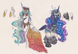 Size: 2274x1584 | Tagged: safe, artist:draw1709, character:princess celestia, character:princess luna, species:pony, clothing, dress, traditional art