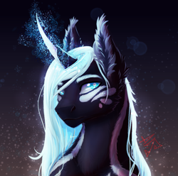 Size: 1209x1197 | Tagged: safe, artist:alina-sherl, oc, oc only, species:pony, species:unicorn, ambiguous gender, beautiful, body markings, colored pupils, curved horn, ear fluff, eyebrows, fluffy, glowing horn, horn, magic, majestic, solo, stripes