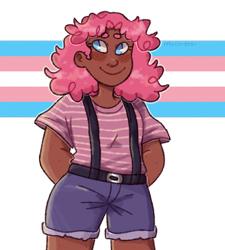 Size: 800x888 | Tagged: safe, artist:mochietti, character:pinkie pie, species:human, beanbrows, belt, belt buckle, blushing, clothing, cute, daisy dukes, dark skin, eyebrows, gender headcanon, happy, headcanon, humanized, lgbt, lgbt headcanon, looking away, pride, pride flag, shorts, smiling, suspenders, trans female, transgender, transgender pride flag, tumblr