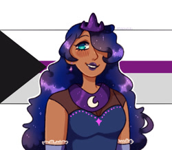 Size: 1100x960 | Tagged: safe, artist:mochietti, part of a set, character:princess luna, species:human, clothing, crown, cute, dark skin, demisexual, demisexual pride flag, dress, ear piercing, earring, evening gloves, female, gloves, hair over one eye, headcanon, humanized, jewelry, lgbt, lgbt headcanon, lipstick, long gloves, long hair, piercing, pride, pride background, pride flag, regalia, sexuality headcanon, smiling, solo