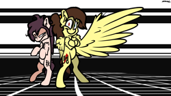 Size: 1920x1080 | Tagged: safe, artist:adilord, oc, oc:aki (herm itachi), oc:herm itachi, species:earth pony, species:pegasus, species:pony, brown hair, female, group, group photo, male, pink skin, synthwave, wings