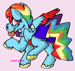 Size: 1040x988 | Tagged: safe, artist:pony-puke, character:rainbow dash, species:pegasus, species:pony, clothing, facial hair, female, five o'clock shadow, looking at you, looking back, looking back at you, male, mare, moustache, rainbow blitz, rule 63, shorts, simple background, solo, stallion, tongue out