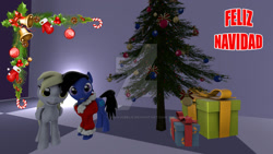 Size: 1024x576 | Tagged: safe, artist:juanjobelic, character:derpy hooves, oc, christmas, christmas tree, holiday, merry christmas, obtrusive watermark, present, spanish, tree, watermark