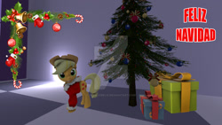 Size: 1024x576 | Tagged: safe, artist:juanjobelic, character:applejack, christmas, christmas tree, female, holiday, merry christmas, obtrusive watermark, present, solo, spanish, tree, watermark