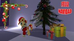 Size: 1024x576 | Tagged: safe, artist:juanjobelic, character:sunset shimmer, species:pony, species:unicorn, 3d, candy, candy cane, christmas, christmas tree, female, food, holiday, holly, merry christmas, obtrusive watermark, present, solo, spanish, tree, watermark