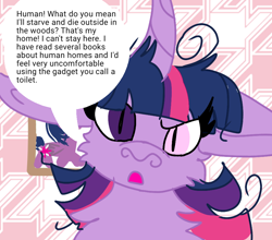 Size: 954x838 | Tagged: safe, artist:spero, character:twilight sparkle, character:twilight sparkle (alicorn), species:alicorn, species:pony, confused, dialogue, female, heterochromia, implied human, looking at you, messy mane, original species, solo, speech bubble, text
