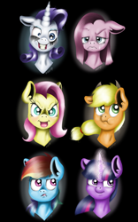 Size: 800x1280 | Tagged: safe, artist:valemjj, character:applejack, character:fluttershy, character:mean applejack, character:mean fluttershy, character:mean pinkie pie, character:mean rainbow dash, character:mean rarity, character:mean twilight sparkle, character:pinkamena diane pie, character:pinkie pie, character:rainbow dash, character:rarity, character:twilight sparkle, episode:the mean 6, g4, my little pony: friendship is magic, anti-elements, clone, clone six, elements of disharmony, mane six