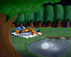 Size: 3600x2900 | Tagged: safe, artist:lilrandum, oc, oc only, oc:lilrandum, oc:xxenocage, couple, cuddling, detailed, detailed background, forest, gift art, looking at something, moonlight, on side, outdoors, pond, present, reflection, shipping, water