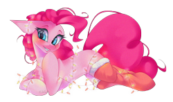 Size: 3408x2000 | Tagged: safe, artist:jun1313, character:pinkie pie, species:pony, blushing, christmas, christmas lights, clothing, female, holiday, missing cutie mark, simple background, socks, solo, stockings, thigh highs, transparent background