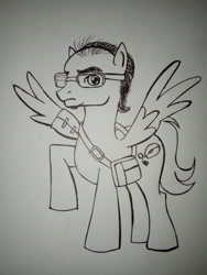 Size: 2448x3264 | Tagged: safe, artist:kenuma, oc, oc:high stressed, species:pegasus, species:pony, bag, bald, black and white, cutie mark, glasses, grayscale, immobilizer, male, monochrome, original character do not steal, solo, stallion
