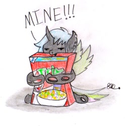 Size: 1045x1054 | Tagged: safe, artist:brogararts, oc, oc only, species:changeling, cereal, cereal box, changeling oc, female, food, solo, traditional art, trix
