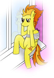Size: 1634x2362 | Tagged: safe, artist:kacpi, character:spitfire, species:pegasus, species:pony, bandage, female, injured wing, mare, sad, sitting, solo, the pegasus is grounded, wings
